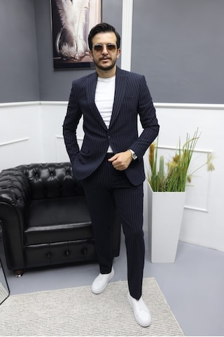 Avni Ceylan Monoline Elegance Stil Gofre Kumaş Tek Düğme Takım Elbise Lacivert
