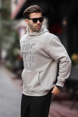 Madmext Boyalı Gri Baskılı Kapüşonlu Cep Detaylı Erkek Sweatshirt 7062 Gri