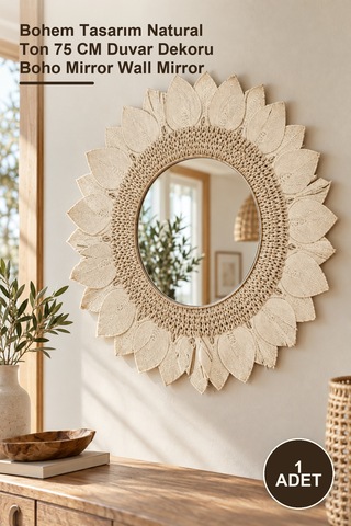 1 Adet Makrome Duvar Aynası Bohem Tasarım Natural Ton 75 Cm Duvar Dekoru Boho Mirror Wall Mirror
