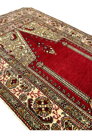 El Dokuması Sıfır Bürüngüz Halısı 107x171 Mihraplı Model Antika Kök Boya Yün Halı Kırmızı