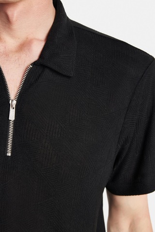Tudors Erkek Slim Fit Dar Kesim Viskon Fermuarlı Polo Yaka Siyah Tişört-34358 SIYAH