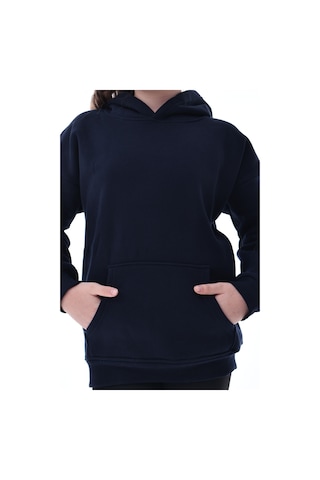 Unisex Çocuk Kapüşonlu Sweatshirt 5-14 Yaş Rahat Günlük Spor Oversize Lacivert