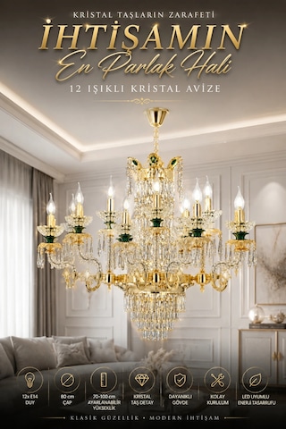 Modern Premium Yeşil Detaylı Klasik 12'li Gold Avize E14 Duylu Lüks Salon Avizesi