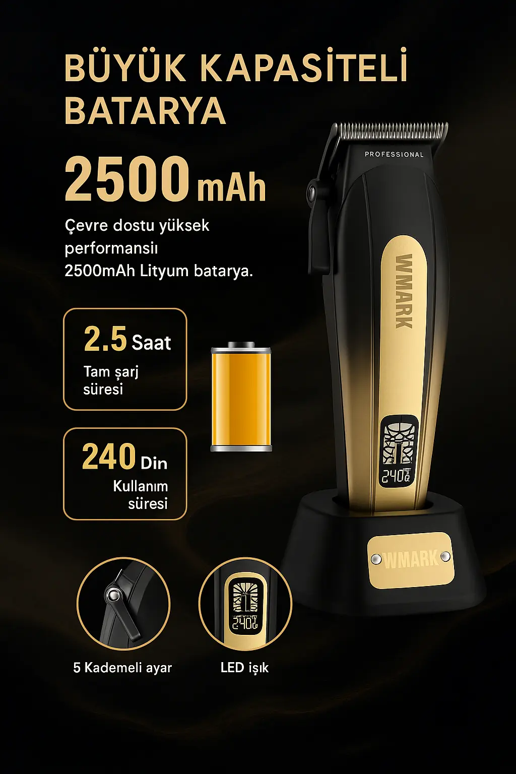 Wmark Ng-8038 High Speed Pro Clipper 5 Kademe Ayarlanabilir Uzunluk 3-4 Saat