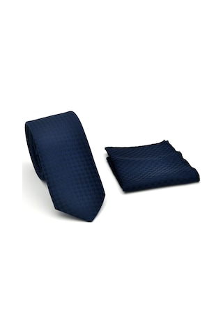 Gaffy Lacivert Piti Kare Desenli Lacivert Dokuma Kumaş Mendilli Slim Fit Kravat // Sdk-2503-2 Lacivert
