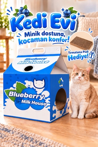Karton Kedi Evi Yaban Mersini Katlanabilir Süt Kutusu Tasarımı, Tırmalama Pedi Hediyeli Sempatik K