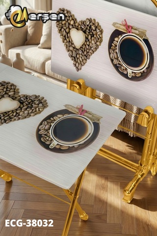Eranş Serisi 4'lü Katlanır Cam Kahve Desen Çanta Zigon Sehpa Gold Ayak Kahve Desen Gold