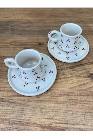 Kiraz Desenli El Yapımı Seramik Kupa, Mug, Türk Kahvesi