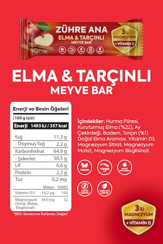 3'lü Magnezyum Ve Vitamin D İçeren Meyve Bar, Şeker İlavesiz Elma Ve Tarçınlı 35 Gr X 12 Adet