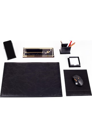 Hera Siyah Deri Sümen Takımı Gold Mermer Desen Ahşap İsme Özel Masa İsimliği İsimlik Seti