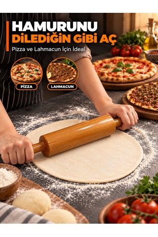 Vernikli Tombul Ahşap Merdane Pizza, Lahmacun Ve Hamur Açma Merdanesi