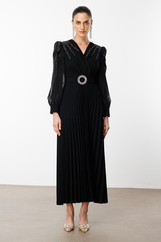 Moda İlgi Kadın Kolları Ve Omuzları Taşlı Beli Kemerli Piliseli Uzun Elbise 6645 Siyah Siyah