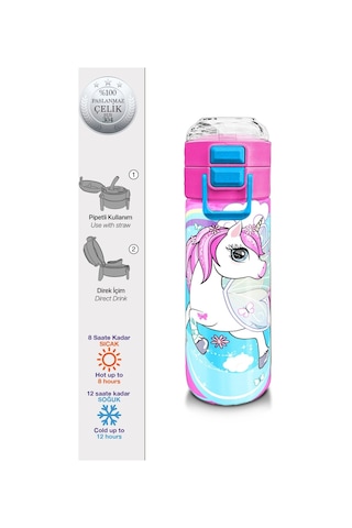 Coral High Kız Çocuk İçin 500 Ml'lik Paslanmaz Çelik Termos/suluk - Mavi Neon Pembe Unicorn Desenli Çok Renkli