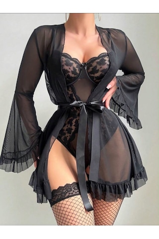 Trend Dokunuş Kadın Siyah 3'lü Dantel Detaylı Kuşaklı Çoraplı Bodysuıt Tül Sabahlık 3'lü Romantik Gecelik Takımı