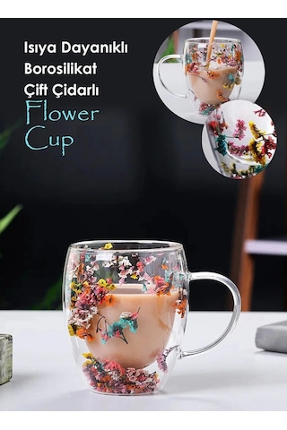 Çift Cidarlı Çiçekli Bardak Kahve Çay Bardağı Flower Cup 350mlel Yapımı Kulplu Cam Bardak