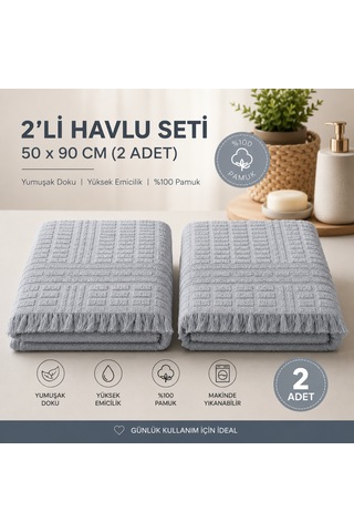 2'li Yüz Havlusu Seti 50x90 Cm Pamuklu El Havlusu Püsküllü Yumuşak Dokulu Yüksek Emici Günlük Kullanım Gri