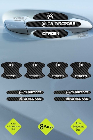 Araç Modeline Özel Citroen C3 Aircross Karbon Kapı Kolu Koruma Seti Beyaz Yazılı 8 Parça Şık Tasarım