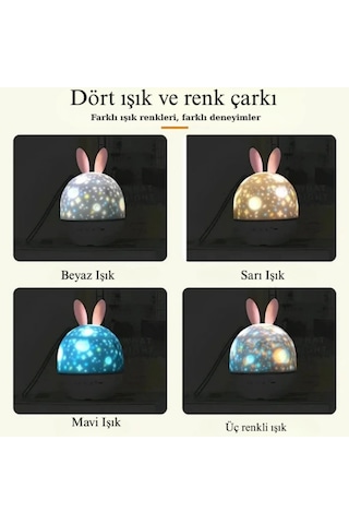Müzikli Çocuk Tavşan Projektör Uyku Gece Lambası Yıldızlı Gökyüzü Projektörü Uzaktan Kumandalı Led Beyaz
