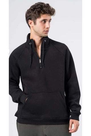 Coal City Erkek Relaxed Fit Reglan Yarım Fermuarlı Kanguru Cepli Siyah Sweatshirt