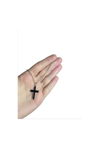 Gümüş Kaplama Siyah Mineli Gotik Haç Kolye Çok REnkli