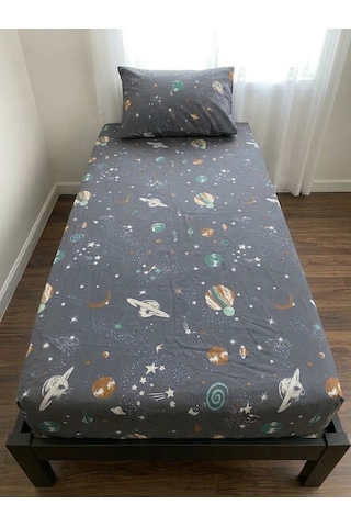 Tek Kişilik Lastikli Fitted Çarşaf Takımı Galaksi Gri