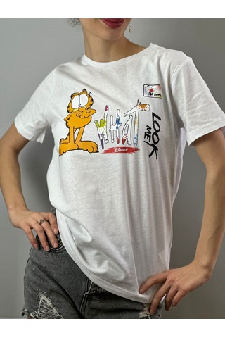 Sarman Kedi Baskılı Tişört T-shirt Unisex Beyaz