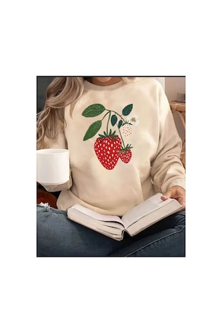 Herkesemoda Çilek Baskı Detaylı Bisiklet Yaka Sweatshirt Bej
