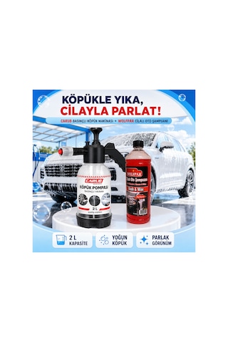 2 L Basınçlı Köpük Makinası Ve Wolfpar Cilalı Oto Şampuanı 1000 Ml Araç Yıkama Seti