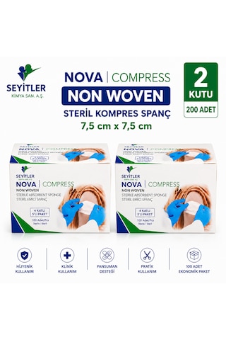 Seyitler Nova Nonwoven Kompres Steril 7,5cm X 7,5cm Spanç 100'lü Kutu - 2 Kutu