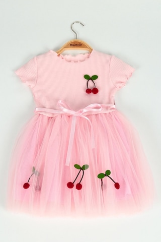 Noble Kids Kız Çocuk Kiraz Aplikeli Tül Etek Elbise Pembe