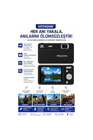 Dijital Kamera 4k Hd 48mp 8x Zoom Flaşlı Kayar Retro Video Kamera 2.4 Ekran 64gb Sd Kart Hediyeli Siyah