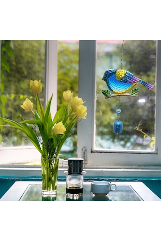 Vkemall Mavi Kuş Şekilli Metal Ve Cam Bahçe Zilcikleri - Stres İndirici Doğa Sesleri, Dekoratif Dış Mekan Aksesuarı