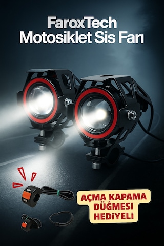 Motosiklet Sis Farı Lensli Projeksiyon Led, Halo Halkalı, Suya Dayanıklı, Evrensel Kelepçe