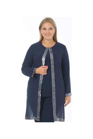 Ladies First Büyük Beden 3717 Lacivert Gümüş Ceket+Bluz İkili Takım Gümüş - Lacivert