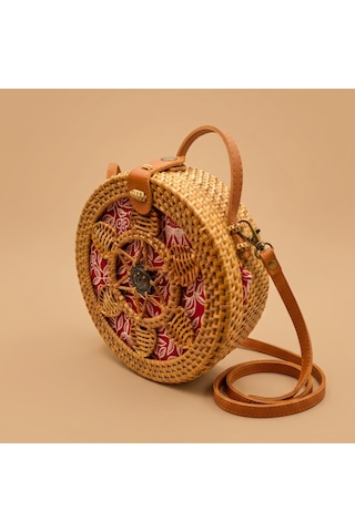 Morgen Craft Rezen Çiçek Desenli Omuz Çantası - El Yapımı - Bambu - 20x20x7,5 Cm Açık Kırmızı