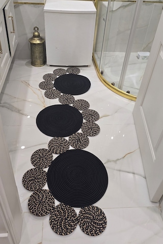 Doğal Görünümlü Asimetrik Modern Dekoratif Banyo Koridor Halı Paspas 35x100 Cm Siyah