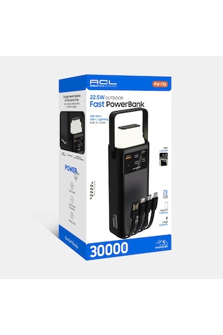 Acl Pw-112 22.5w Outdoor Hızlı Şarj Powerbank Siyah 30.000mah Kapasite, Çoklu Usb Çıkış, Dahili Ka Siyah