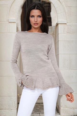 Vizon Yuvarlak Yaka, Fırfır Kol Ve Etek Ucu Detaylı, Triko Bluz Vizon