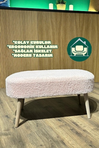 Paris Retro Ahşap Ayaklı Geniş Oturum Alanlı Oval Bench Puf Pembe