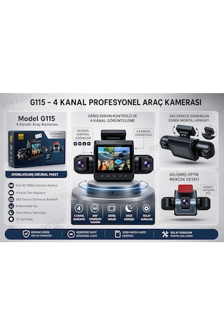 Nvg 4 Kameralı Araç Kamerası 360 Güvenlik Sistemi Ön Arka İç Kayıt Gece Görüş 170 Geniş Açı Full Hd 1080p Dash Cam