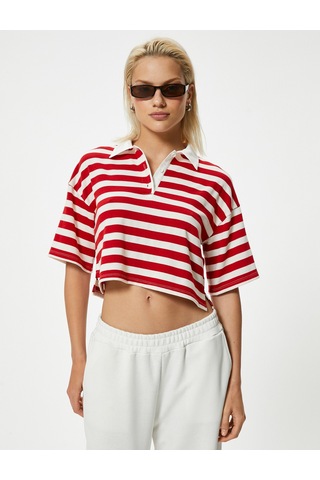 Koton Polo Yaka Crop Tişört Kısa Kollu Düğmeli İnce Örme Kumaş Kırmızı Çizgili 4sak50688ek