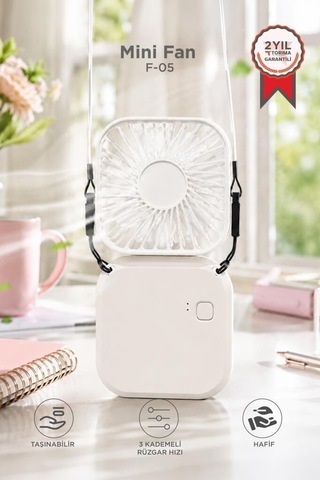 Özel Üretim Yazlık Esinti Hava F-05 Mini Fan Tutmalı Şarjlı Vantilatör Beyaz