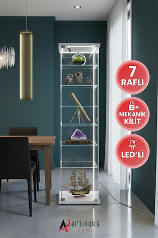 7 Raflı Kilitli Ledli Cam Vitrin Dolap Gümüşlük Koleksiyon Sergi Kitaplık Kapaklı Büfe Mutfak Raflı Beyaz
