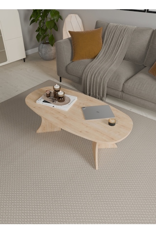 Oval Orta Sehpa Geniş Yüzeyli, Stabil Ayaklı Modern Salon Sehpası Safir Meşe