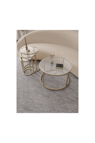 Royal 75cm Zigon Ve Orta Sehpa Seti Mat Gold Eskitme Metal - Temperli Şeffaf Cam Gold Şeffaf