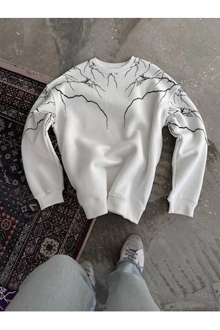 Valensdesign Yıldırım Baskılı Bisiklet Yaka Sweatshirt - Beyaz