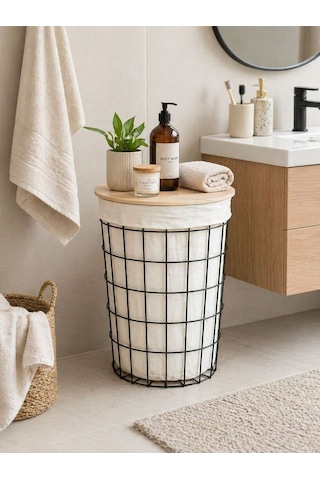Uykula Banyo Düzenleyici Tel Kirli Sepet Ahşap Kapaklı Metal Gövde Kumaşlı Çamaşır Sepeti Banyo Aksesuar Siyah