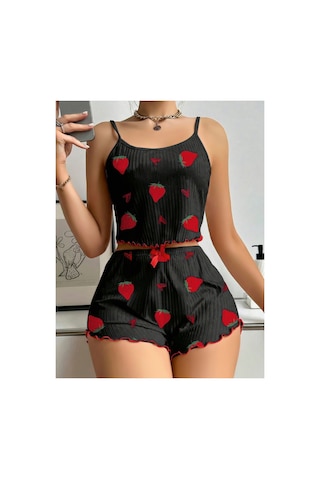 Lily Bianca Nightwear Askılı Göbek Kısmı Dekolteli Fiyonk Detaylı Ve Şortlu Penye Gecelik Siyah