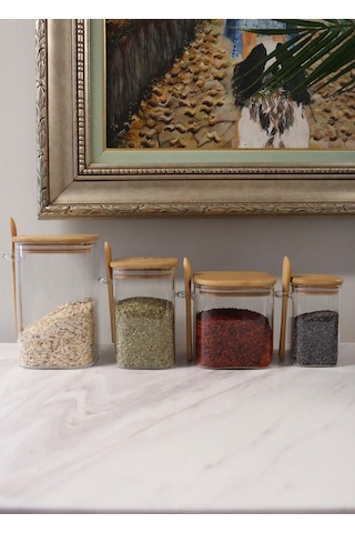 The Mia Bambu Kaşıklı Cam Saklama Kabı Kare 250 CC