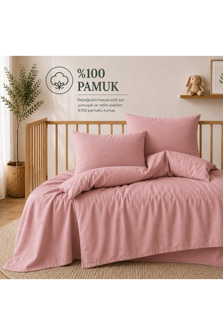 Lief Home %100 Pamuklu Sertifikalı Bebek Nevresim Takımı 100x150 63 Tel Dokuma Kutulu Gönderim Pudra